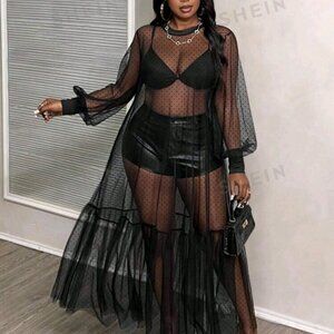 Slayr Plus Size Sheer Dot Mesh Loose A-Line Dress In Black